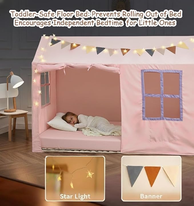 Twin Bed Tent Indoor Bed Canopy Kids Tents for Girls with 2 Doors, Breathable Private Space Fort Tents for Kids Floor Bed (Twin, Pink)