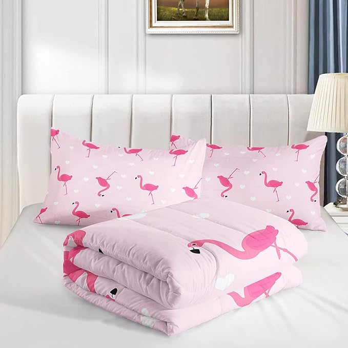 Flamingo Comforter Set Full Size Tropical Pink Flamingo Love Heart Pattern Bedding Set Kawaii Quilted Duvet for Kids Girls Boys Adult with 1 Comforter and 2 Pillowcases