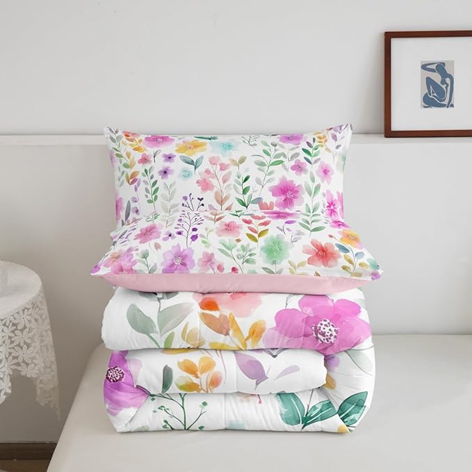 Erosebridal Cute Floral Twin Bedding Sets for Kids Girls,Purple and Pink Flower Comforter Set,Boho Chic Wildflower Bed Set,Colorful Flowers Farmhouse Room Decor,1 Pillowcase Ultra Soft