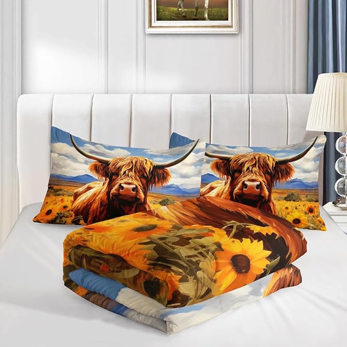 Cute Cow Print Comforter Set Twin Size Sunflower Sky Cloud Cow Bedding Set Farm Animals Cow Quilt Bed Set with 1 Comforter and 2 Pillowcases for Kids Boys Girls Room Decor