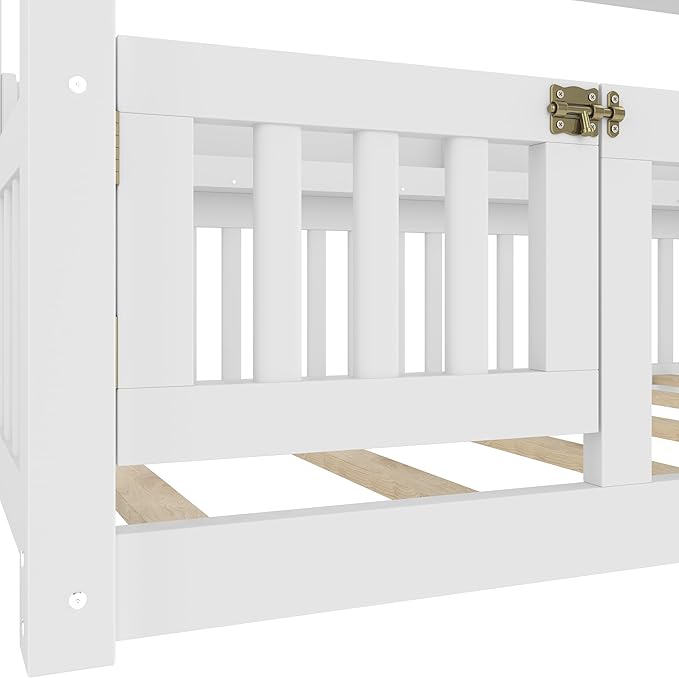 CZBZ Twin Size Canopy Floor Bed with Guardrails and Built-in Shelves, Solid Wood Montessori-Inspired Low Bed Frame, White