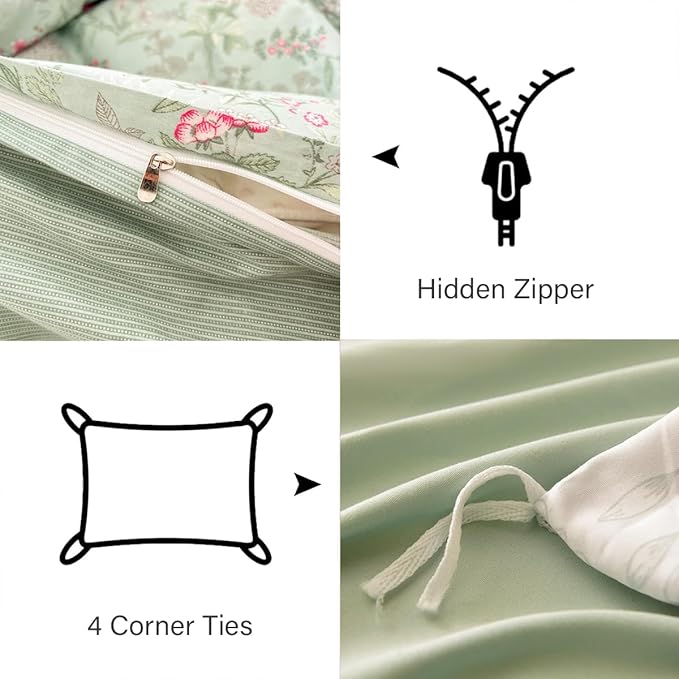 Duvet Cover King 3Pcs Green Pink Floral Bedding Set for Girls Kids Botanical Flower Bedding Reversible Striped Pattern Soft Microfiber Sage Green Bedding with 2 Pillowcases(No Comforter)