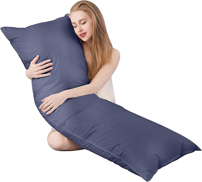 Goose Down Body Pillows for Adults, Large Body Pillow for Side Sleeper, Hugging Feather Body Pillow Insert, Cooling Full Length Long Pillow for Bed with 100% Organic Cotton Shell, Navy Blue 20"x60"