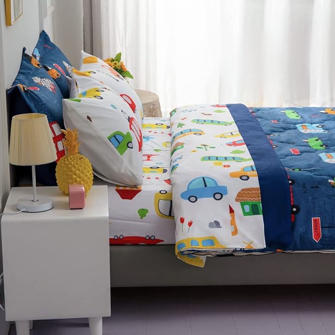 Wajade Cartoon Cars Comforter Set Bed in A Bag Queen Size Colorful Cars Bus Van Traffic Lights Bedding Set for Boys Kids (1 Comforter, 1 Flat Sheet, 1 Fitted Sheet, 2 Pillowcase and 2 Pillow Sham)
