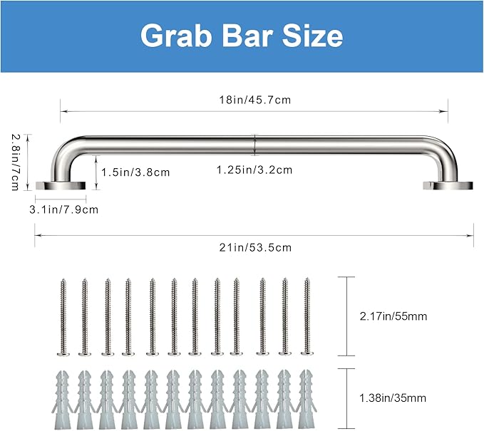 Handicap Grab Bars, 2 Pack 18 Inch Shower Grab Bar for Seniors, 304 Stainless Steel ADA Grab Bars for Bathtubs and Showers, Toilet, Safety Shower Handle for Elderly, Disabled, Injury (Chrome Polished)