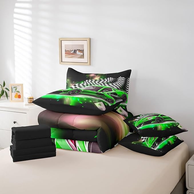 Feelyou Green Racing Car 7 Piece Bedding Set Queen Size Extreme Sport Comforter Set with Sheets for Kids Boys Girls Teens Toddler Fast and Furious Bed in a Bag Black White Flag Bed Set