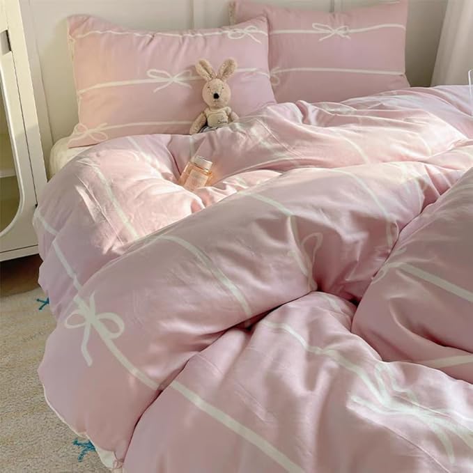 Striped Duvet Cover Queen Size Pink White Bow Stripes Bedding Set 3Pcs Kids Boys Girls Princess Style Kawaii Bowknot Comforter Cover with Zipper Closure & Corner Ties