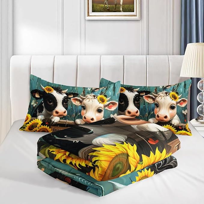 Cute Cow Print Comforter Set Twin Size Sunflower Highland Cow Bedding Set Farm Animals Cow on Fence Quilt Bed Set with 1 Comforter and 2 Pillowcases for Kids Boys Girls Room Decor, D-cow2