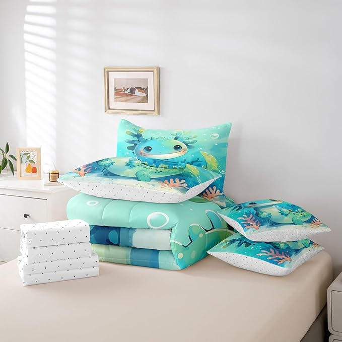 Feelyou Cute Axolotl 7 Piece Bedding Set Full Size Cute Blue Teal Axolotl for Kids Boys Girls Teens Toddler Ocean Animal Bed in a Bag Comforter Set with Sheets Cartoon Bed Set