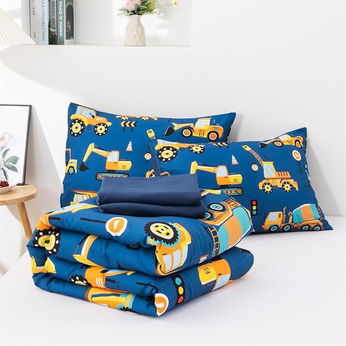 NTBED 5 Pieces Construction Truck Full Comforter Set for Boys Kids Bed in a Bag Vehicles Excavator Lightweight Microfiber Bedding Sets,Blue