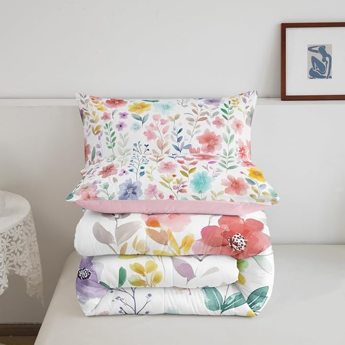 Erosebridal Cute Floral Full Comforter Set,Red Purple Flower Bedding Set for Kids Girls Teen,Colorful Boho Wildflower Quilt,Country Cottage Core Flowers Bedroom Decor,2 Pillowcases Breathable