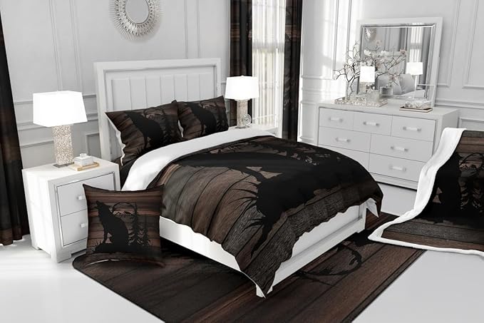 Feelyou Cute Wolf Comforter Set for Girls Kids Wolves Howling Bedding Set Room DecorAnimal Wolves Tree Wood Grain Bedding Set Brown Black Duvet Set 3Pcs with 2 Pillow Case King Size Boys