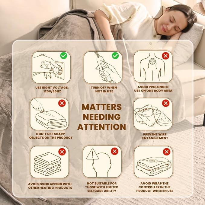 Bearhug 60"x50" Heated Blanket Throw, Electric Heating Blanket with 6 Heat Settings & 4H Auto Shut-Off, Velvet Flannel Throw for Couch, Machine Washable, ETL Certified