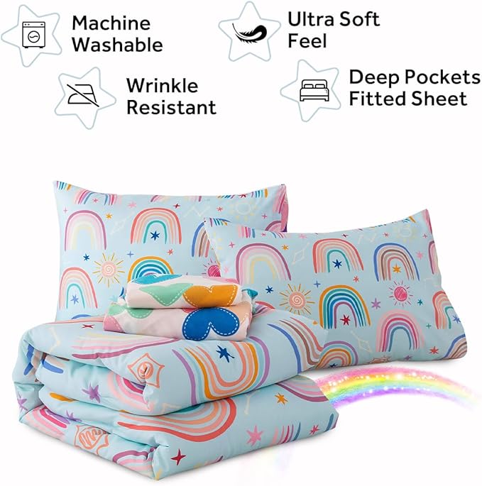 Holawakaka Boho Rainbow Full Comforter Set with Sheets, 5-Piece Bohemian Love Heart Star Bedding Set for Girls & Women - Super Soft Microfiber Kids Teen-Girls Full Size Blue Reversible Bed in A Bag