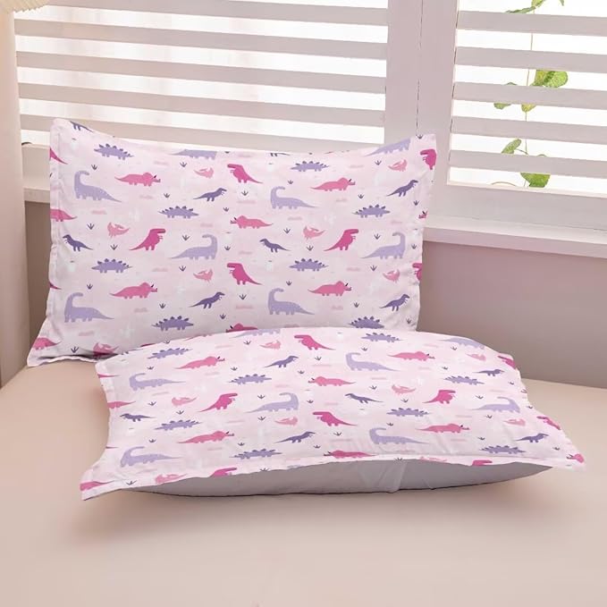 Dinosaur Comforter Set for Kids, Girls & Teens - Twin Size, Cute Pink & Purple Dino Bedding with 1 Comforter & 2 Pillowcases, Kawaii Animals Dino Bedroom Decor