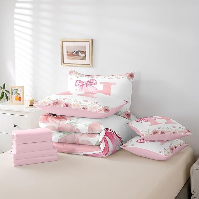 Erosebridal Alphabet H Bed in A Bag, Initial Letter H Bowknot Bedding Sets King Size for Kids Girls, Kawaii Girly Princess Bed Set Bedroom Decor Flower Floral Spring Comforter Set with Sheets