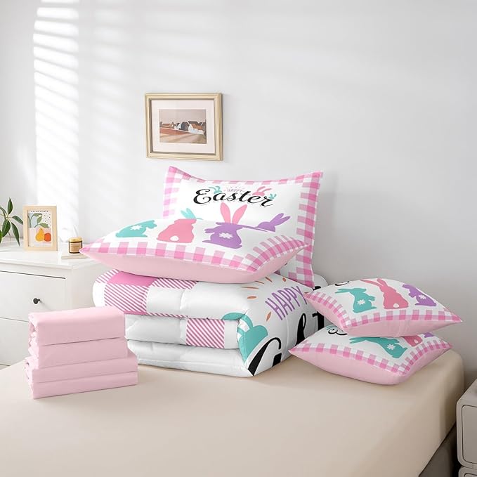 Feelyou Cute Easter Rabbit 7 Piece Bedding Set King Size Pink Plaid Comforter Set with Sheets for Kids Bunny Print Bed in a Bag Spring Colorful Bed Set