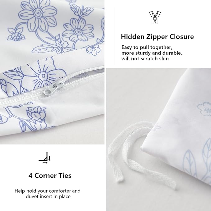 Blue Floral Duvet Cover Full Cornflower Blue Botanical Flower Bedding Set Reversible Garden Coquette Bedding Girls Soft Microfiber 3Pcs Zipper Closure(No Comforter)