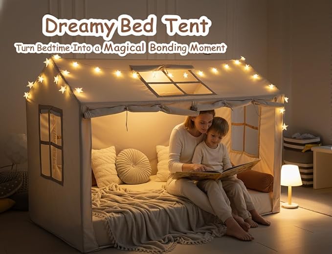 Twin Bed Tent Indoor Bed Canopy Kids Tents for Girls Boys with 2 Doors, Breathable Private Space Floor Fort Bed Tents for Kids Sleeping Tent (Twin, Khaki)
