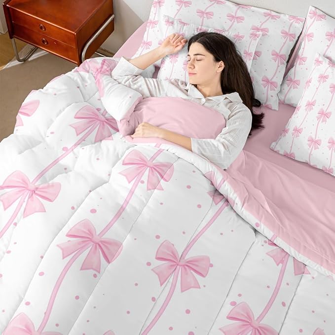 Feelyou Pink Bow 7 Piece Bedding Set Pretty Bowknot Comforter Set with Sheets for Kids Boys Girls Pink White Bed in a Bag Cute Wave Dot Bed Set Soft Lightweight