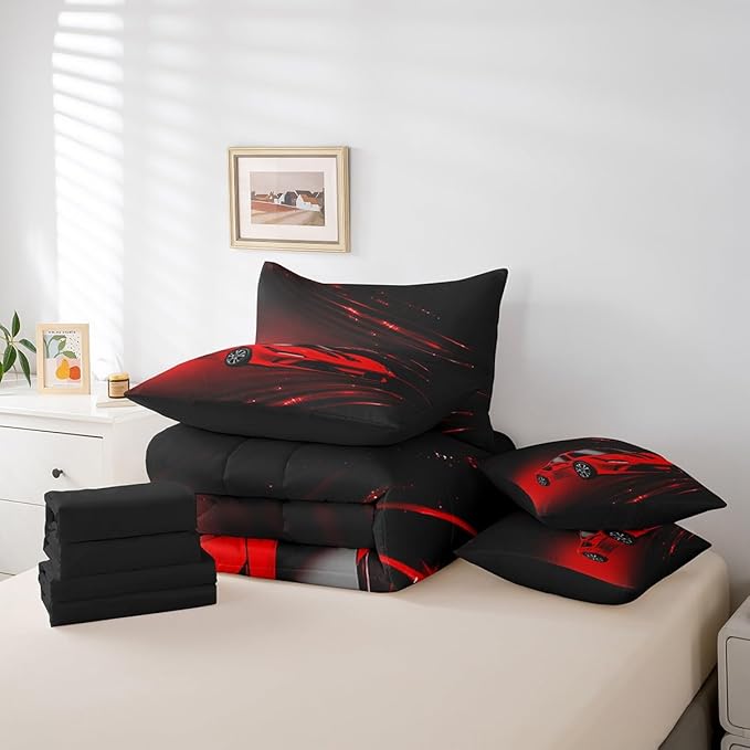 Feelyou Boys Red Race Car 7 Piece Bedding Set King Size Speed Sports Car Comforter Set with Sheets for Kids Teens Adult Fast and Furious Bed in a Bag Red Ombre Bed Set