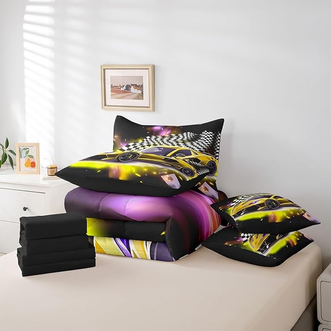 Feelyou Yellow Racing Car 7 Piece Bedding Set Full Size Extreme Sport Comforter Set with Sheets for Kids Boys Girls Teens Toddler Fast and Furious Bed in a Bag Black White Flag Bed Set