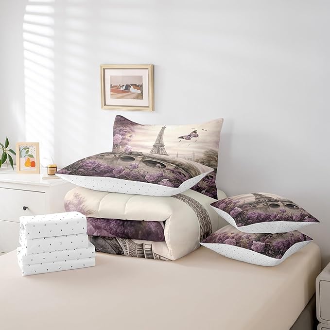 Feelyou Eiffel Tower Comforter Set with Sheets Twin Size Paris 7 Piece Bedding Set for Kids Boys Girls Teens Toddler Purple Flower and Butterfly Bed in a Bag Vintage Retro Bed Set
