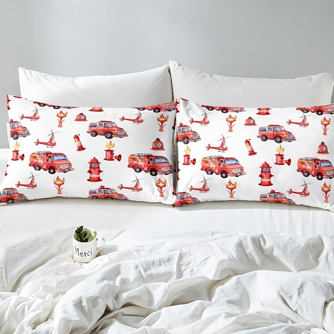 Fire Truck Red Comforter King for Kids Toddler Boys - Firefighter Supplies Pattern Bedding With Scaling Ladder, Extinguisher, Helicopter, Hydrant Print - Fire Theme Decor Duvet Set