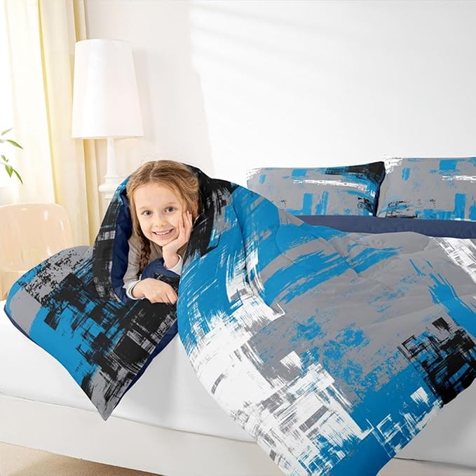 Feelyou Abstract Bedding Set Kids Modern Abstract Art Comforter Set Blue Grey Black Comforter for Boys Room Decor Lightweight Retro Duvet Set Twin Size with 1 Pillow Case