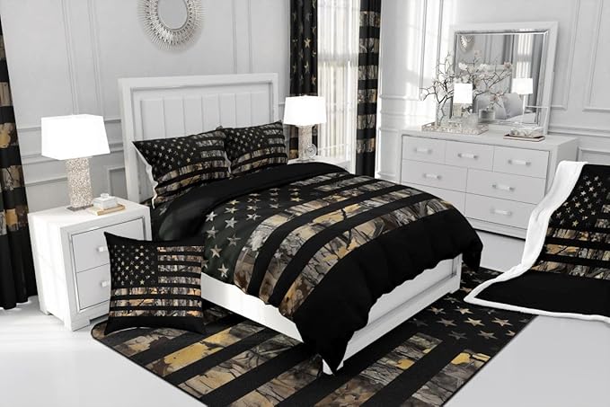 Feelyou American Flag Camo Comforter Set All Season Hunting Bedding Set with 2 Pillow Cases Military Camouflage Kids Full Bedclothes Rustic Trees Leaves Bedroom Decor Duvet Quilt Soft Lightweight