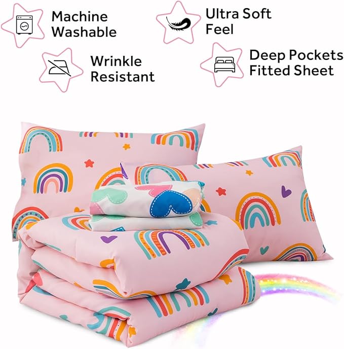 Holawakaka Boho Rainbow Twin Comforter Set with Sheets, 5-Piece Bohemian Love Heart Star Bedding Set for Girls & Women -Super Soft Microfiber Kids Teen-Girls Twin Size Blush Reversible Bed-in-a-Bag