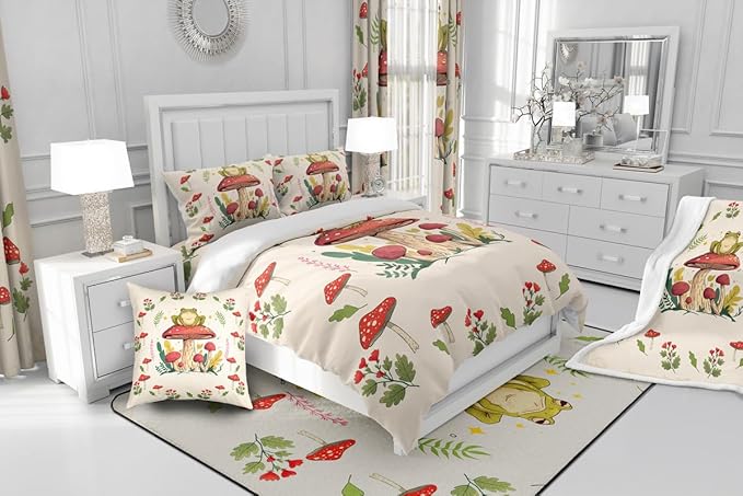 Feelyou Frog Print Bedding Set Kids Kawaii Comforter Set Frog Mushrooms Comforter Cover Set for Room Decor Botanica Cute Mushroom Decor Beige Red Duvet Set Queen Size 3Pcs Quilt Set