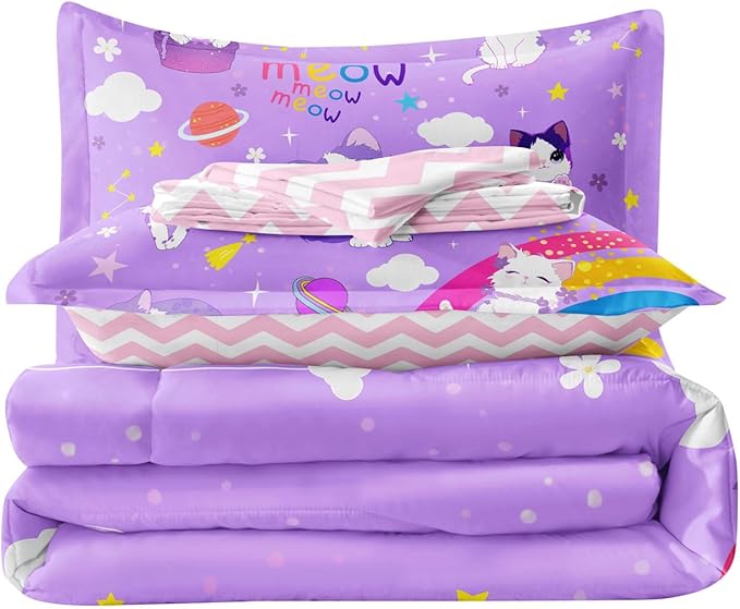 Kids Bedding 5-Piece Cat Comforter Sets Twin Size, Purple Bedding Set for Teens Kids Girls Bed in a Bag Cute Room Decor