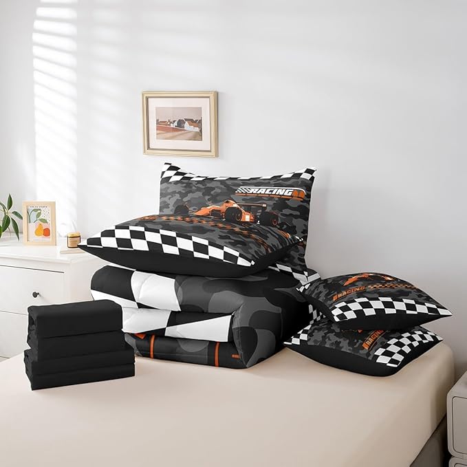 Feelyou Orange Racing Car 7 Piece Bedding Set King Size Kids Boys Cartoon Race Car Comforter Set with Sheets for Teens Toddler Extreme Sports Bed in a Bag Camouflage Bed Set