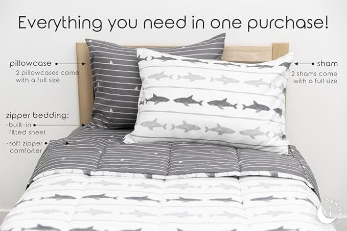 Beddy's Great White Shark Theme Boys Durable Zipper Bedding for Kids, Bed in a Bag for Kids, White & Gray Sheets & Comforter, Includes Pillowcase & Pillow Sham, Easy to Make & Wash