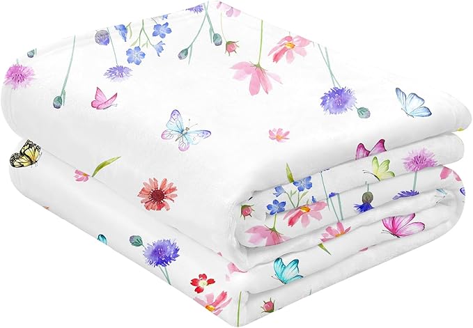 Floral Throw Blanket Birthday Gift for Women Mom Girls Butterfly Flowers Blanket Summer Wildflower Flannel Blanket Watercolor Printed Throw for Couch Sofa Bed Chair 50"x60"