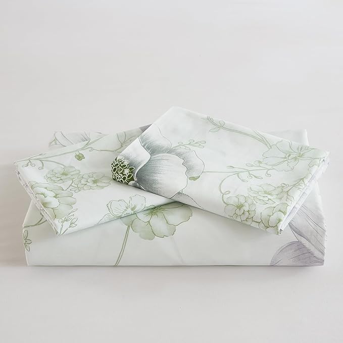 Floral Duvet Cover Queen Size 100% Cotton Reversible Green Floral Duvet Cover Set with Zipper Closure 3 Pcs Green Leaf Soft & Breathable Bedding Comforter Cover