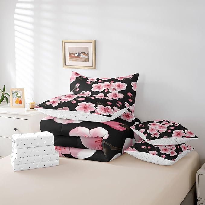 Feelyou Cherry Blossom Bed in a Bag Twin Size Japanese Floral 7 Piece Bedding Set for Kids Girls Teens Toddler Pink Flower Comforter Set with Sheets Romantic Bed Set