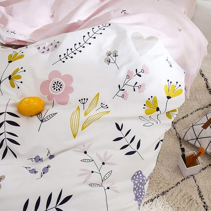 BuLuTu Floral Love Print Girls Duvet Cover Twin White/Pink Cotton Premium Blossom Kawaii Reversible Kids Bedroom Comforter Cover Bedding Sets for Toddler,Teen,Breathable,Lightweight,Zipper Closure