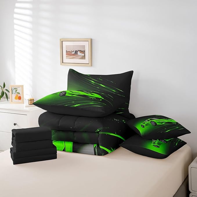 Feelyou Boys Green Race Car 7 Piece Bedding Set Twin Size Speed Sports Car Comforter Set with Sheets for Kids Teens Adult Fast and Furious Bed in a Bag Green Ombre Bed Set
