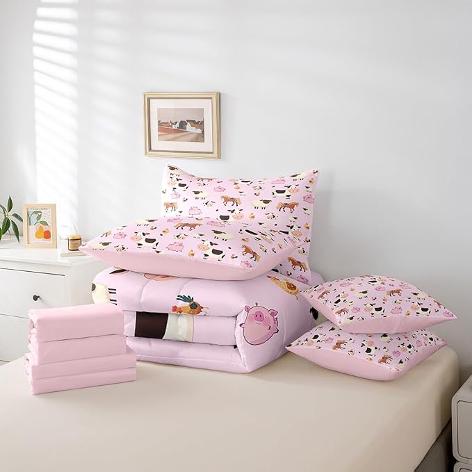 Feelyou Twin Size Farm Animal Comforter Set with Sheets Boys Girls Cartoon Animals 7 Piece Bedding Set for Kids Pink Bed in a Bag Funny Country Theme Bed Set