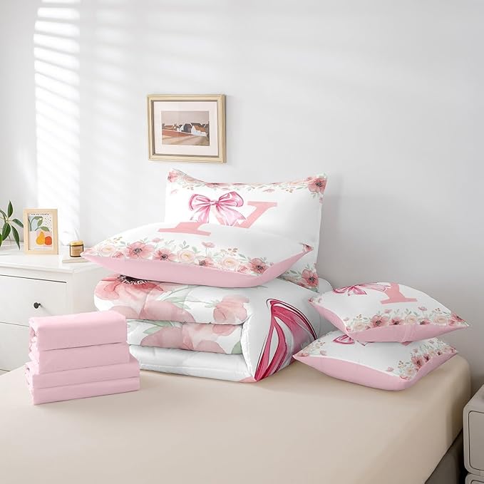 Erosebridal Pink Initial Letter Y Bed in A Bag for Young Woman Bedroom Decor, Kawaii Bow Tie Bowknot Comforter Set with Sheets Queen Flower Floral Dreamy Princess Style Bed Set Bedroom Decor 7-Piece