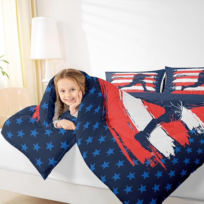 Feelyou Lacrosse Comforter Set Queen Size Boys Gilrs American Flag Sports Theme Bedding Set for Kids Adults Ultra Soft Lacrosse Player Games Comforter Navy Blue Duvet Set Room Decor Quilt Set