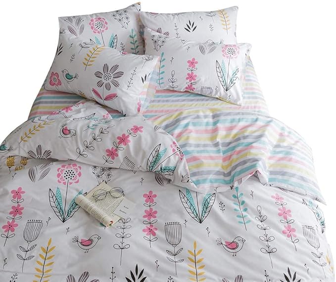 BuLuTu Floral Bird Print Pattern Girls Duvet Cover Full White Premium Cotton Nature Blossom Colorful Reversible Kids Bedroom Comforter Cover Bedding Sets for Teen Toddler,Zipper Closure