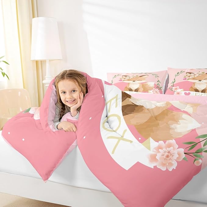 Feelyou Girls Cartoon Fox Comforter Set Cute Fox Bedding Set for Kids Boys Girls Kawaii Animal Duvet Set Botanical Floral Comforter 1 Comforter Set with 2 Pillowcases King Size Boys