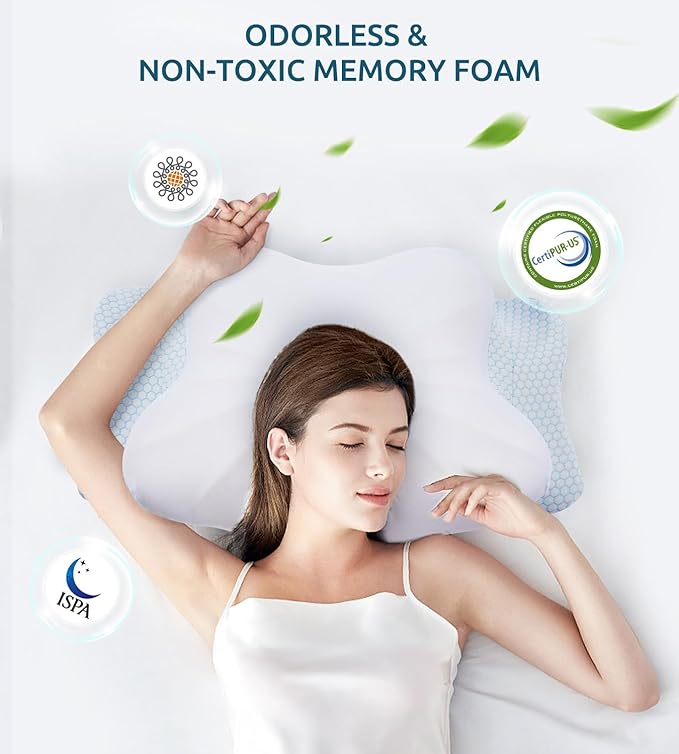 Cervical Memory Foam Pillow for Neck and Shoulder, Ergonomic Contour Cervical Pillow for Sleeping with 2 Heights, Cooling Neck Support Pillows for Side Back Stomach Sleeper Standard Size Blue