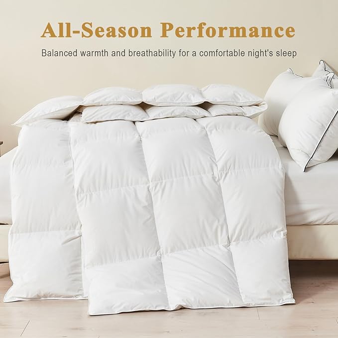 100% Organic Feather Down Comforter Twin Size, Luxury Extra-Fluffy Duvet Insert, All Season Bed Comforter with Ultra-Soft Organic Cotton Case (68x90 Inch, Ivory White)