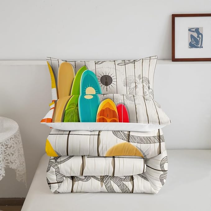 Colorful Surfing Bedding Set Full Size for Kids Boys Girls Home Room Decor,Hawaiian Ocean Style Comforter Set Rustic Farmhouse Barn Quilt Set Flower Sun Surfboard Bedspread,2 Pillowcases