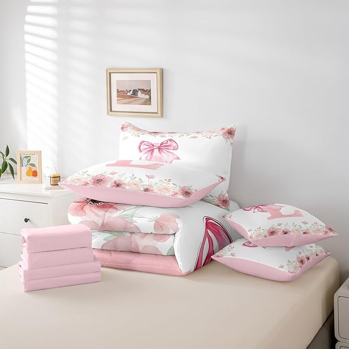 Pink Monogram L Bedding Sets, Cute Bow Tie Bowknot Bed in A Bag Queen Size for Girls Kids Teens Bedroom Decor Floral Rose Fresh Style Comforter Set with Sheets, 2 Pillowcases, 2 Throw Pillow Covers