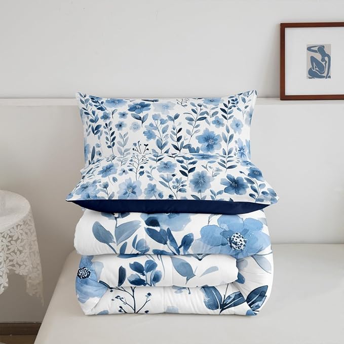 Erosebridal Blue and White Floral Toddler Bedding Set,Vintage Navy Blue Flower Comforter Set for Kids Girls,Botanical Plant Leaves Bed Set,Farmhouse Flowers Room Decor,1 Pillowcase Breathable